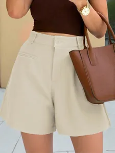 Chic high-waisted beige wide-leg A-line shorts for women, detail on fit and style