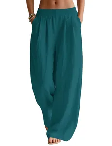 Close-up of loose linen wide-leg trousers in teal with elastic waist and pockets