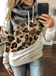 Stylish women's cowl neck sweatshirt featuring leopard print and trendy color-block design