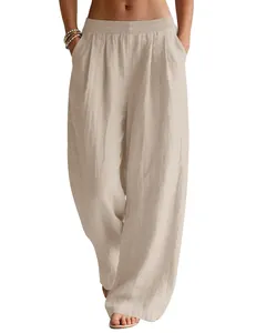 Women's airy linen wide-leg pants with elastic waist and pockets for beach travel