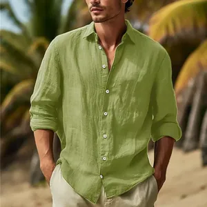 Olive green long-sleeved cotton linen casual shirt for men in tropical beach setting