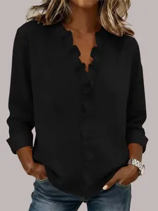 Camicia classica da donna in cotone e lino nero con scollo a V e bordo con volant