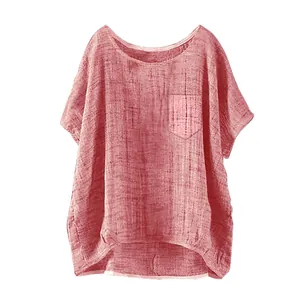 Detailed view of a women's casual loose linen top with a front pocket in rose pink color.