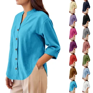 Camicia da Donna in Cotone e Lino Stile Cinese Collo alla Coreana Allentata Manica Lunga Casual Tinta Unita