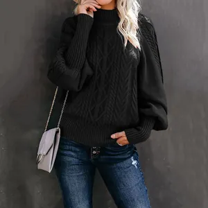 Elegant black lantern sleeve cable knit sweater for women, comfortable loose fit