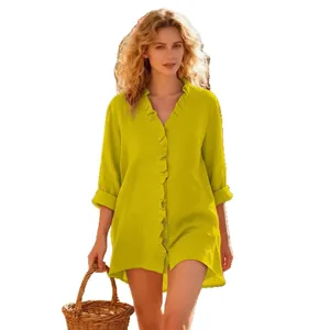 Stylish lime green long sleeve shirt featuring a ruffled V-neck and solid color for women