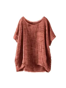 Casual loose linen top for women in rust color with short sleeves and front pocket design