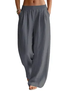 Women Casual Cotton Linen Wide Leg Pants Summer Flowy Beach Trousers Elastic Waist Travel Vacation Pants With Pockets