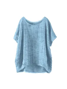 Casual loose women's light blue linen top featuring a front pocket and round neck design