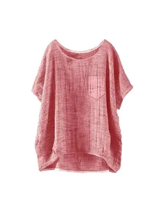 Women's casual loose fit linen blouse in pink with front pocket and round neckline