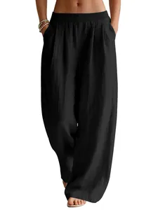 Flowy women's black linen wide-leg trousers with elastic waist for summer beach holidays