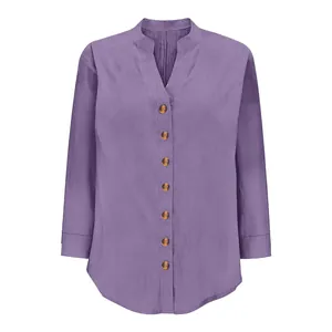 Camicia da donna in lino di cotone viola con colletto alla coreana Henley a maniche lunghe