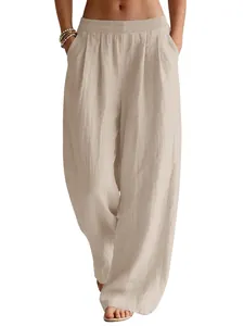 Women's beige linen wide-leg pants with elastic waist and pockets for summer beach holiday