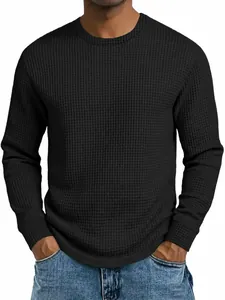 Detailed texture view of a men's black waffle knit slim fit long-sleeve sweatshirt