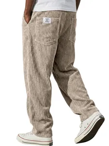 Detailed back view of men's loose straight corduroy pants in beige with vertical stripes