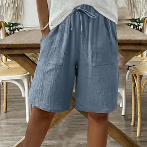 Women's casual blue cotton linen shorts with comfortable drawstring waist and pockets.