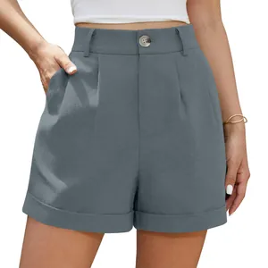 Women Casual Cotton Linen Shorts High Waist Button Cuffed Hem Loose Summer Shorts Solid Color Straight Leg Bottom With Pockets