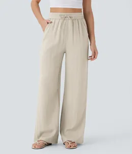 High-waisted wide-leg linen pants with drawstring waist and side pockets for women