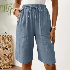 Summer casual women's blue cotton linen shorts with adjustable drawstring waist and pockets