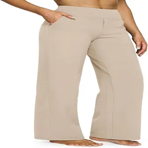 Vista dettagliata dei pantaloni casual beige a vita alta da donna con tasche laterali