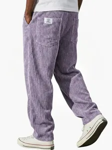 Detailed back view of lavender corduroy straight-leg pants featuring a white pocket label