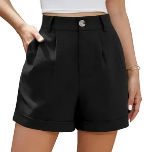 High-waisted black cotton linen casual shorts with button closure and cuffed hem detail.
