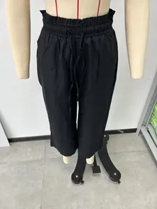High waist linen casual trousers for women with elastic drawstring waist in black