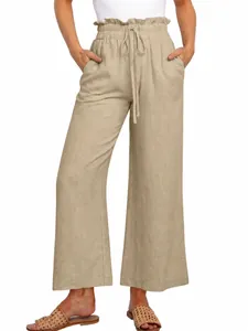 Detailed view of high waist wide-leg linen pants with adjustable drawstring tie