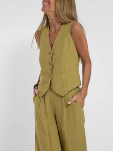 Lässiges olivgrünes Set aus Leinen-Baumwolle mit Weste und weit geschnittener Hose