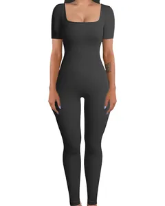 Sleek black square neck ribbed one-piece yoga jumpsuit for women fitness training