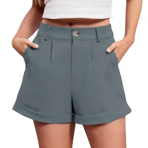 High-waisted grey cotton linen shorts for women, casual loose fit with button closure