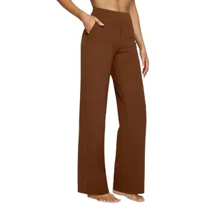 Eleganti pantaloni marroni da donna a vita alta con gamba dritta e tasche laterali