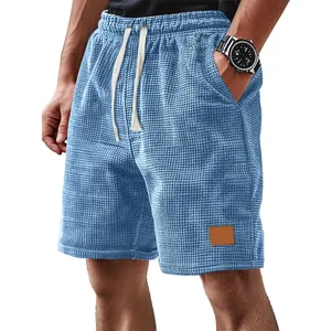 Pantalones Cortos Casuales Gingham Gofre para Hombre Transpirables con Cordón en la Cintura para Verano con Parche de Cuero
