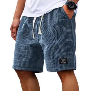 Men's waffle knit casual shorts in navy blue with loose fit and drawstring waist