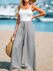 Stylish casual women's wide-leg drawstring pants crafted from grey cotton linen fabric.