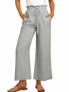 Detail view of grey wide-leg trousers featuring elastic drawstring waist and pockets.
