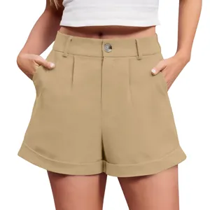High-waisted khaki cotton linen shorts featuring button closure and pleat details.