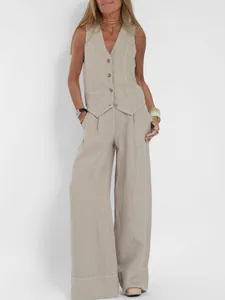 Schicker beige Leinen-Weste und Weitbein-Hose Zweiteiler für Damen in der Gesamtansicht