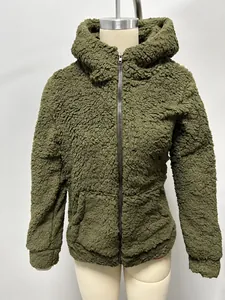 Frontal detail of olive green fuzzy sherpa hoodie with zipper shown on mannequin
