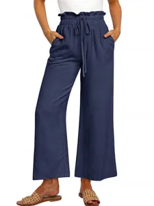 Navy blue wide-leg drawstring pants with high elastic waist in a soft casual fabric.