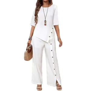 Elegant women's two-piece set with asymmetrical button top and wide leg trousers