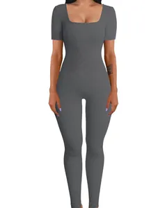 Gray ribbed square neck one-piece slim-fit yoga jumpsuit for women's fitness sports