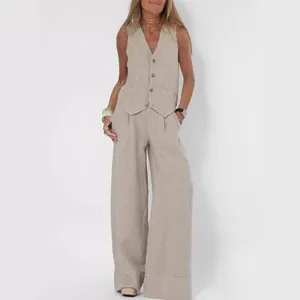 Women Casual Cotton Linen Outfits V Neck Button Vest Top And Wide Leg Pants Set Solid Color Top And Bottom Sleeveless Suit