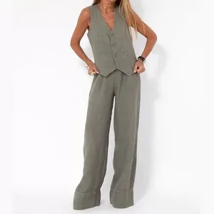 Fashionable olive green cotton linen vest and wide-leg pants casual two-piece set