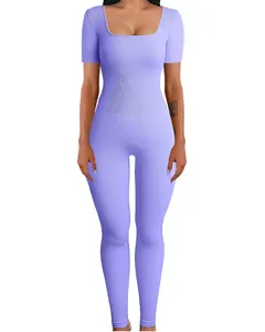 Professional slim fit ribbed yoga jumpsuit with a square neck in light purple color.