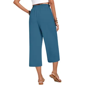 Back view of women's high-waisted blue linen wide-leg cropped pants with elastic waist