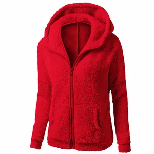 Detailed view of women's cozy vibrant red plush hooded jacket with zipper closure