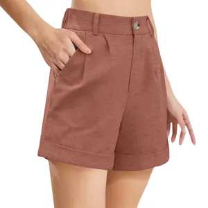 Detailed view of high-waisted cotton linen casual shorts with button and pockets for women.