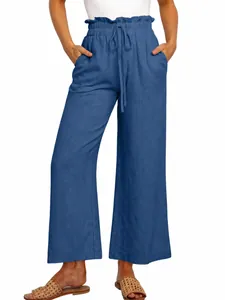 Blue high-waisted wide-leg cropped trousers with elastic drawstring waist detail