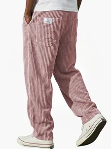 Loose straight men's pink corduroy casual trousers with premium vertical stripe texture